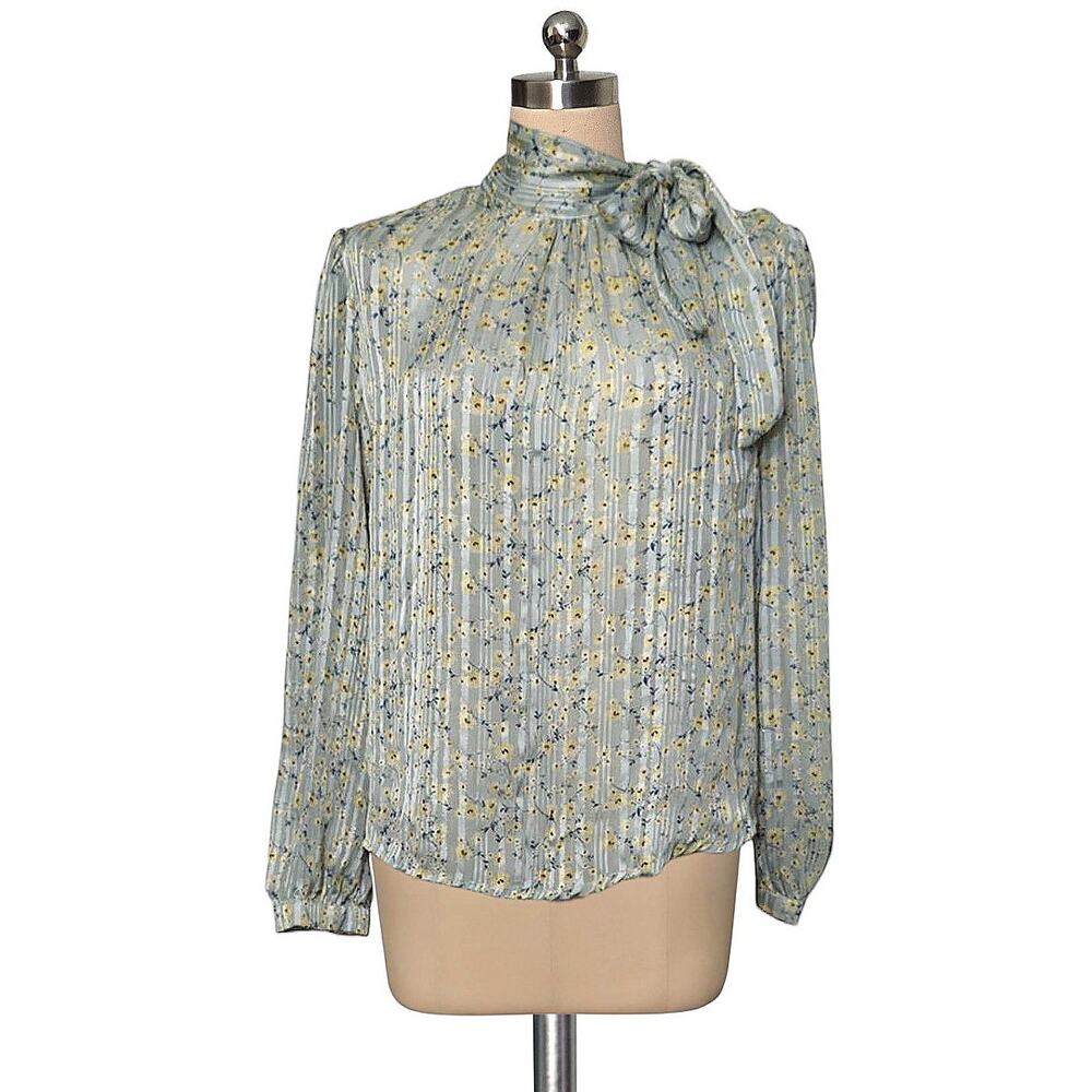 KONTROL Contemporary Green Metallic Floral Tie Neck Blouse Top Shirt M